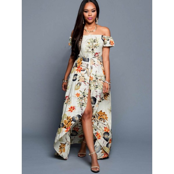 Slash Neck Double Layer Floral Print Rompers