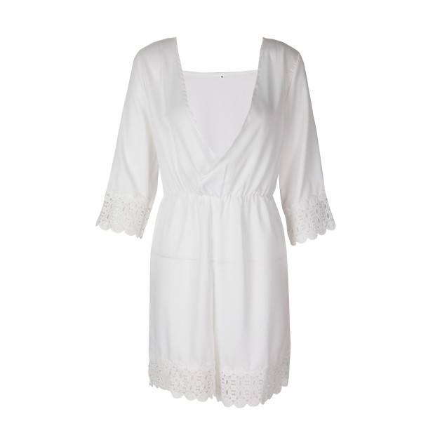Lace Hem V-Neck Plain Rompers
