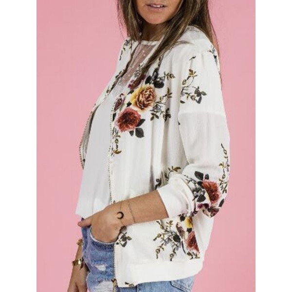 Zipper Floral Print Round Neck Jacket