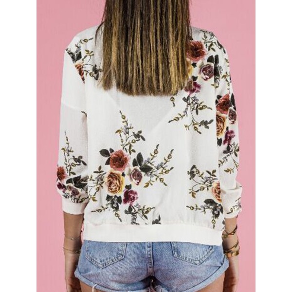 Zipper Floral Print Round Neck Jacket