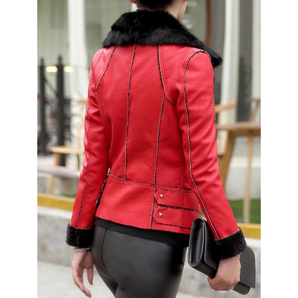 Flocking Zipper Slim Lapel Patchwork Women's PU Jacket