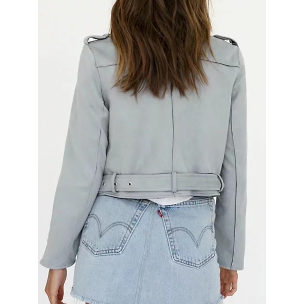 Zipper Lapel Short Belted Women's PU Jacket