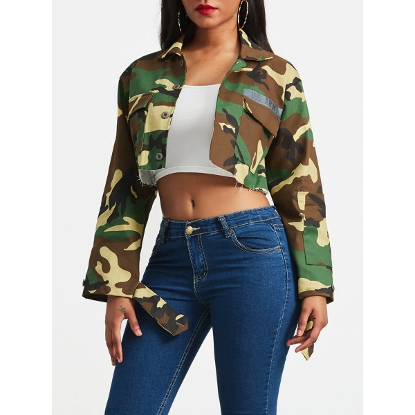 Camouflage Trim Cut Lapel Women's Jacket