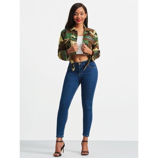 Camouflage Trim Cut Lapel Women's Jacket