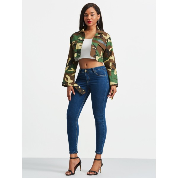 Camouflage Trim Cut Lapel Women's Jacket