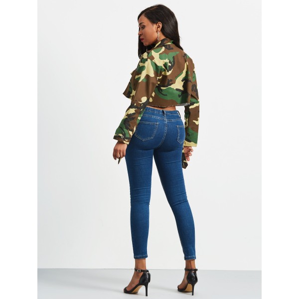 Camouflage Trim Cut Lapel Women's Jacket