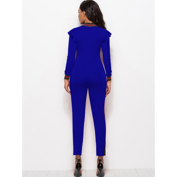 Stripe Ruffle Long Sleeve Skinny Women's Jumpsuit