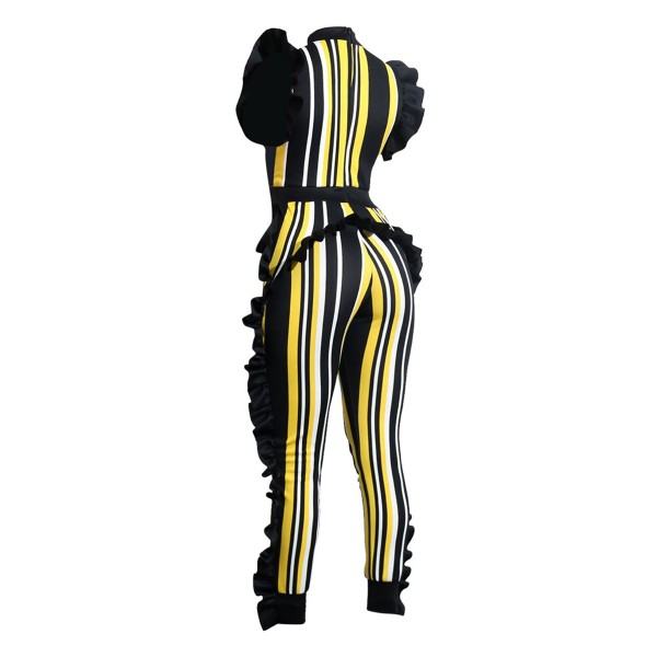 Stripe Asymmetrical Falbala Color Block Women's Jumpsuit