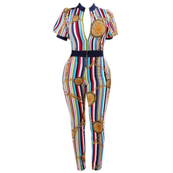 Stripe Color Block Print Women's Jumpsuit