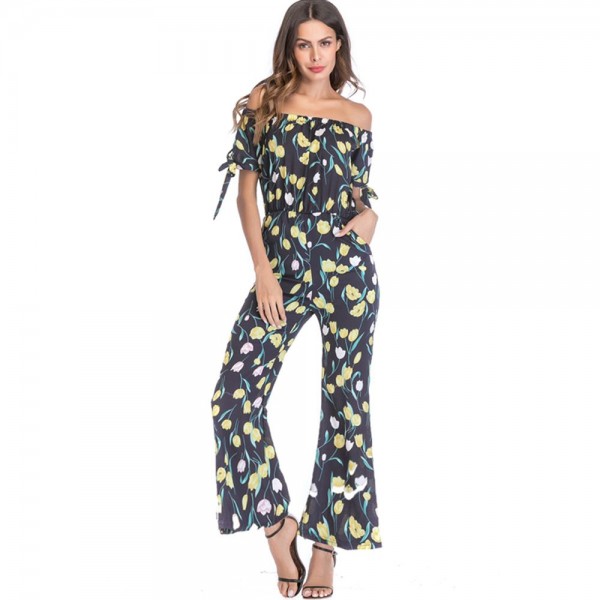 Strapless Boat Collar Floral Print Women's Jumpsuits