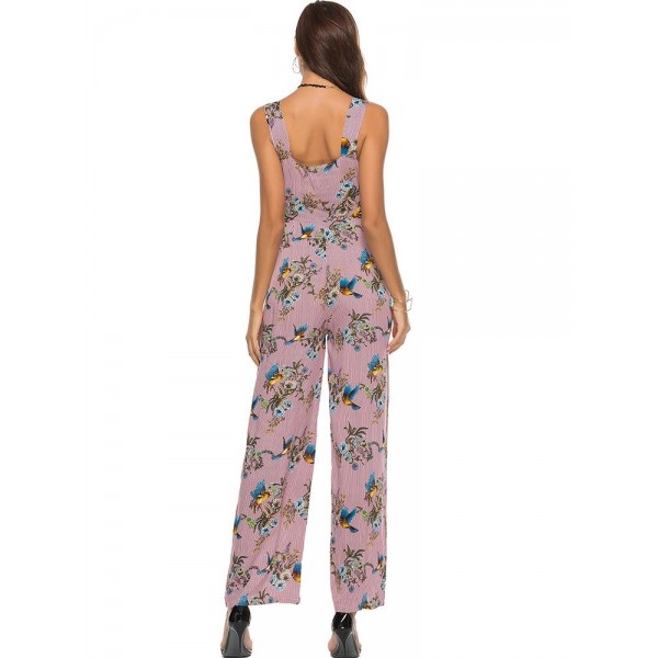 V-Collar Stripe Bird Flowers Women's Jumpsuits