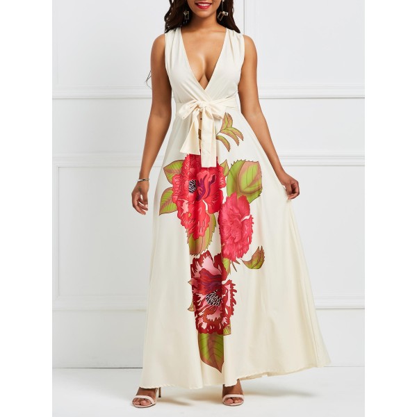 Women's Sleeveless Deep V-Neck Floral Maxi Dress