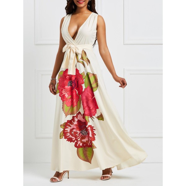 Women's Sleeveless Deep V-Neck Floral Maxi Dress