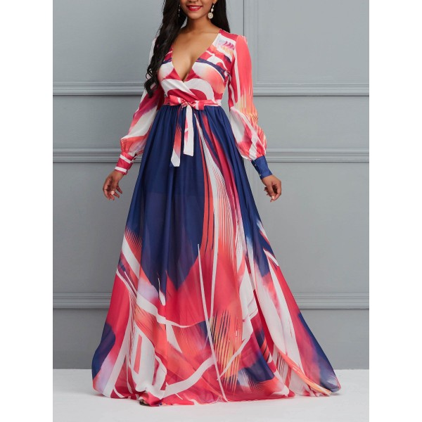 Amazing Contrast Color V-Neck Long Sleeve Maxi Dress