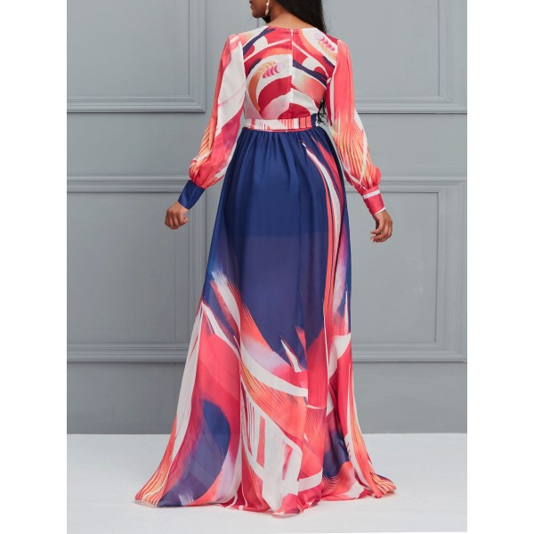 Amazing Contrast Color V-Neck Long Sleeve Maxi Dress