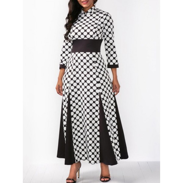 Dot Stand Collar High Waist Maxi Dress