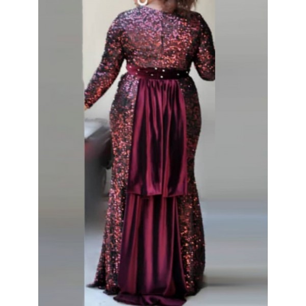 V-neck Long Sleeve Gold Velvet Sequind Maxi Dress